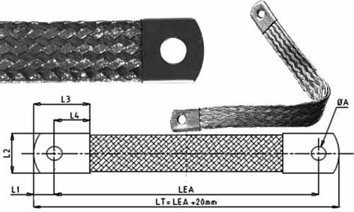 Tresse de masse souple plate en fil de cuivre étamé Ø 0,20mm. Sections standardisées 10/16/25 et 35 mm² - LEA : 100 /150/200/250/300/400mm - Feuillard épaisseur de 0.5mm - Ø de perçage : 5.5/6.5/8.5/10.5/2.5 mm